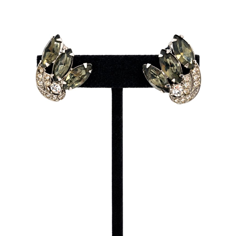 VINTAGE WEISS EARRINGS Smoke Grey Marquise Rhinestone Clip On MCM Signed Glam